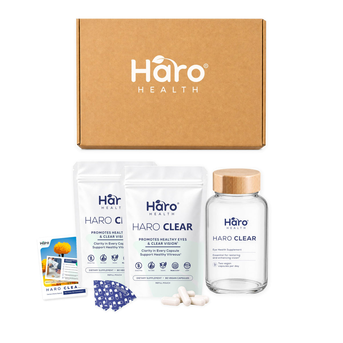 Bouteille en verre réutilisable avec 180 capsules de vitamines claires Haro Health