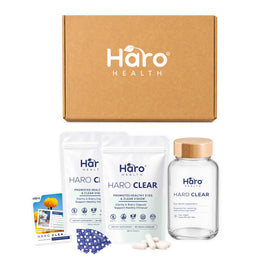 Bouteille en verre réutilisable avec 180 capsules de vitamines claires Haro Health