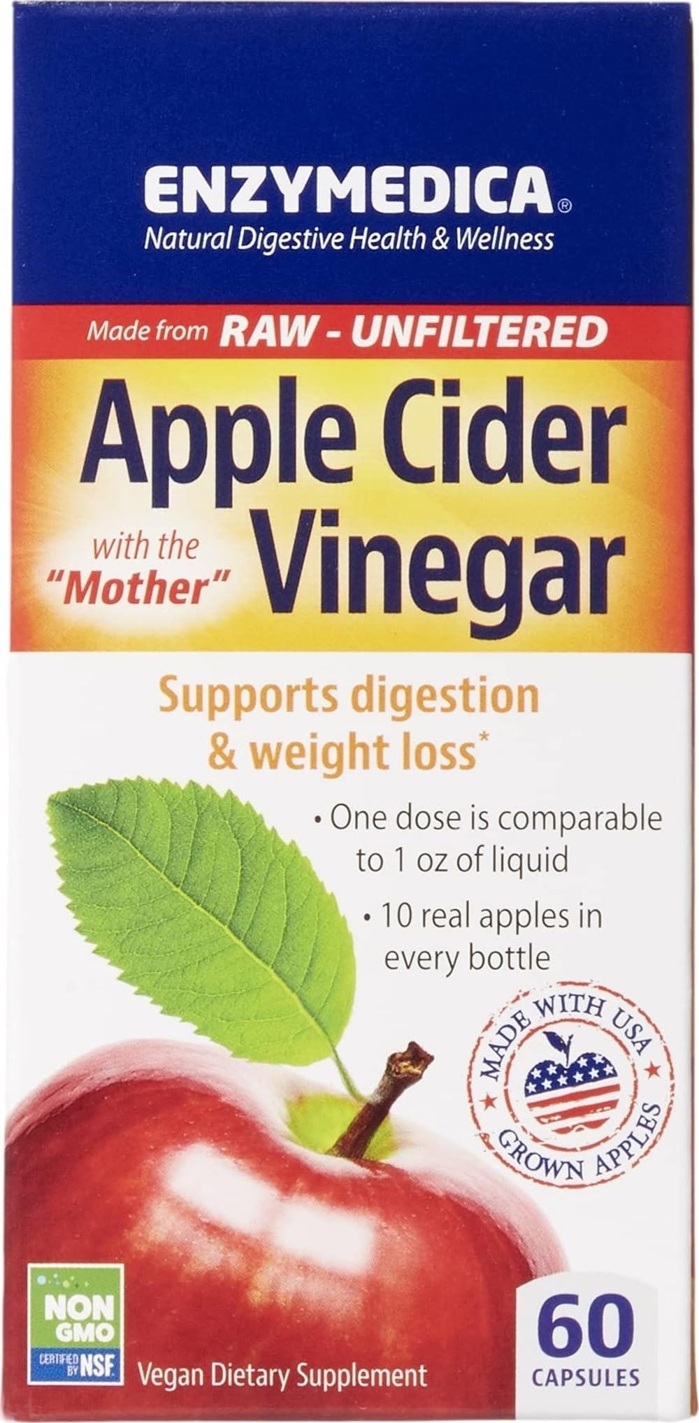 Bouteille Enzymedica Vinaigre de Cidre de Pomme 60 capsules vue de face