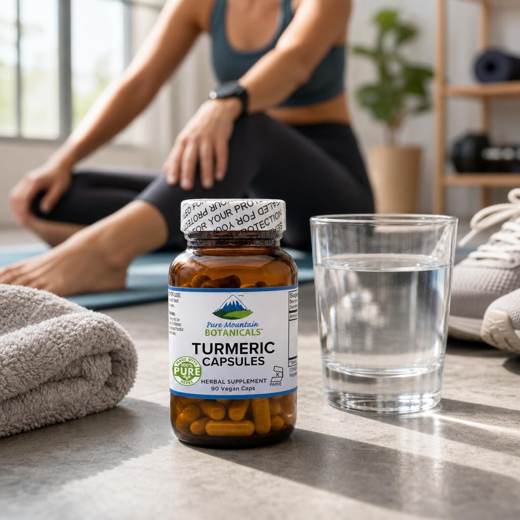 Bouteille et capsules de curcuma sur fond blanc