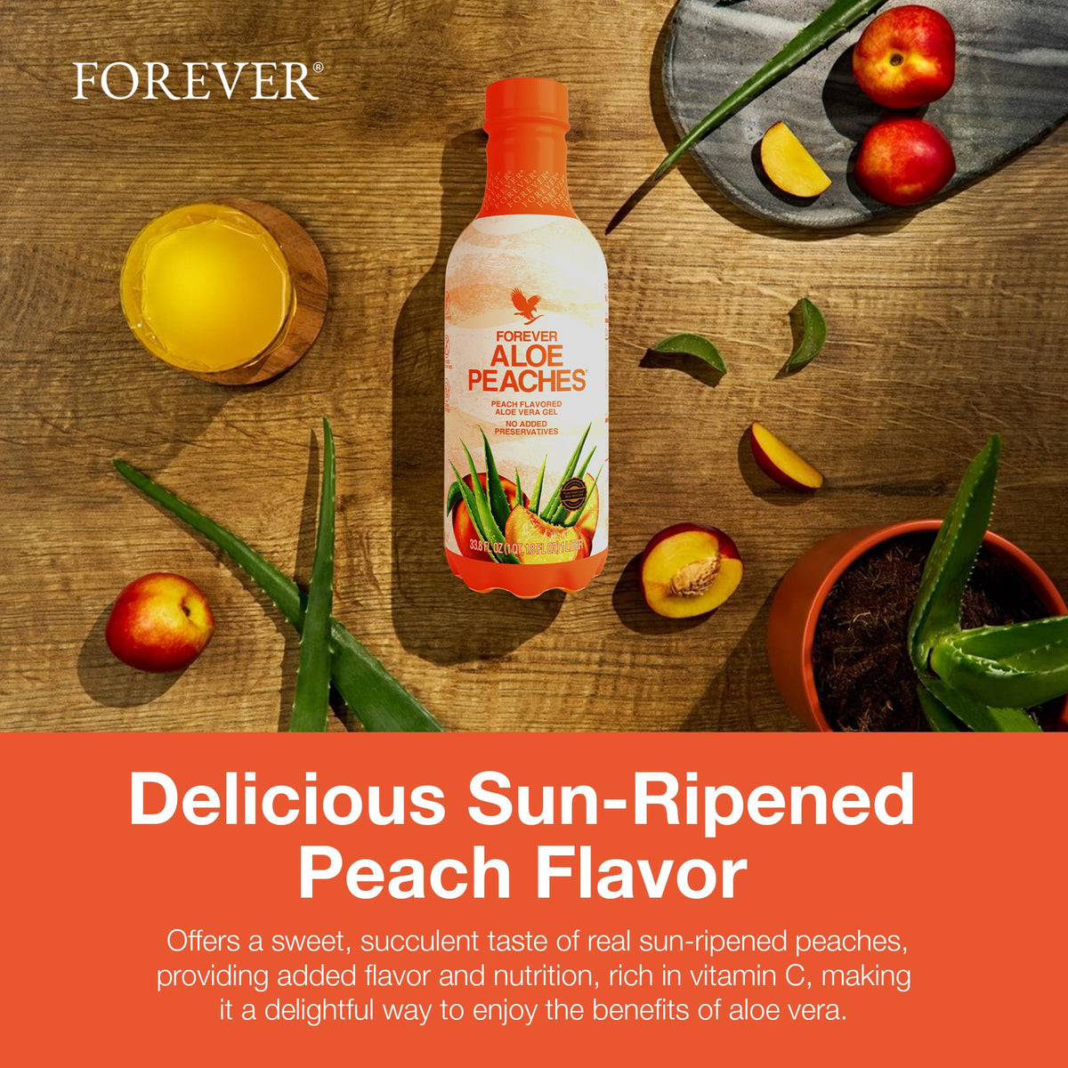 Bouteille Forever Living Aloe Peaches 1L sur une table