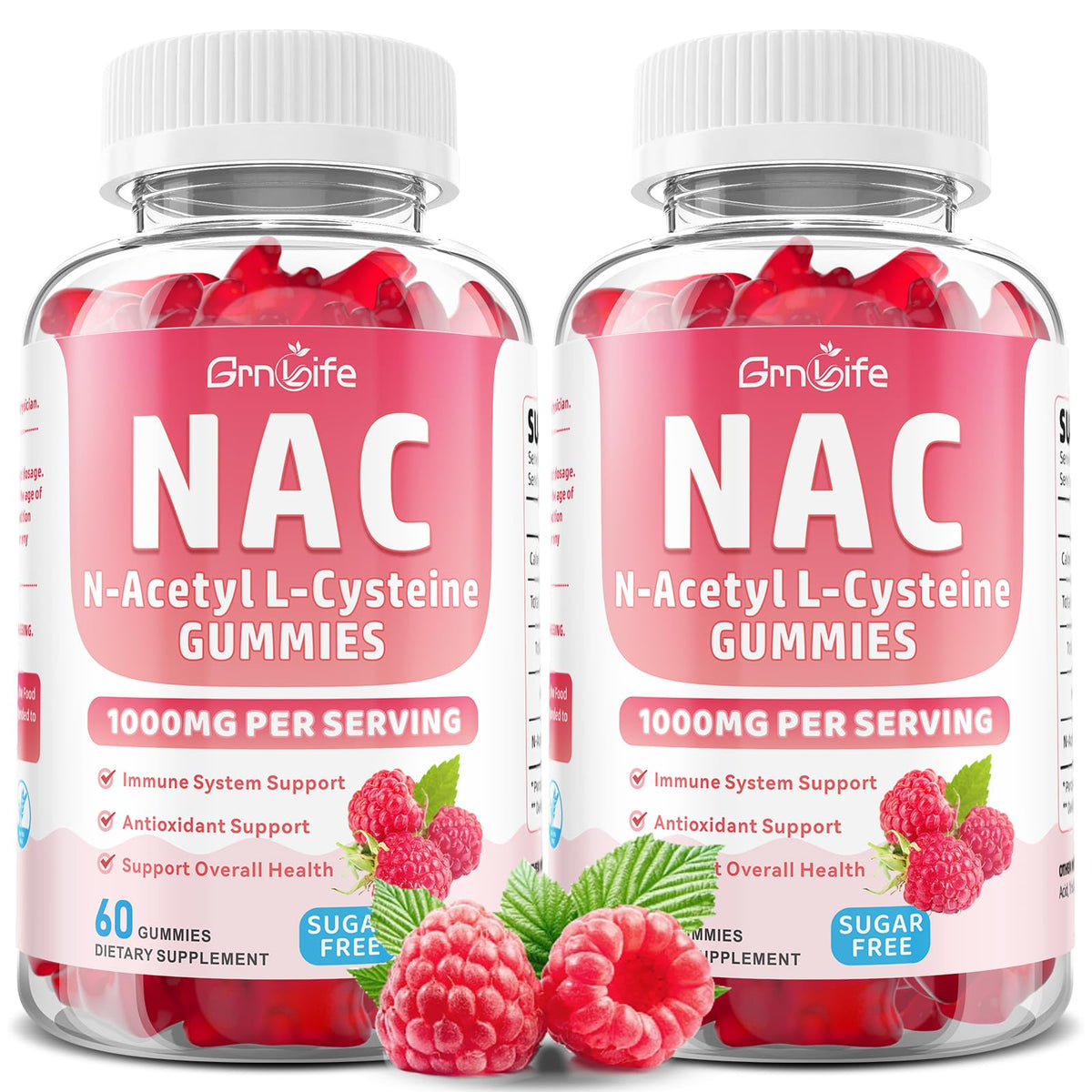Bouteille GrnLife Gummies NAC 1000mg 120 Compotes Framboise vue de face