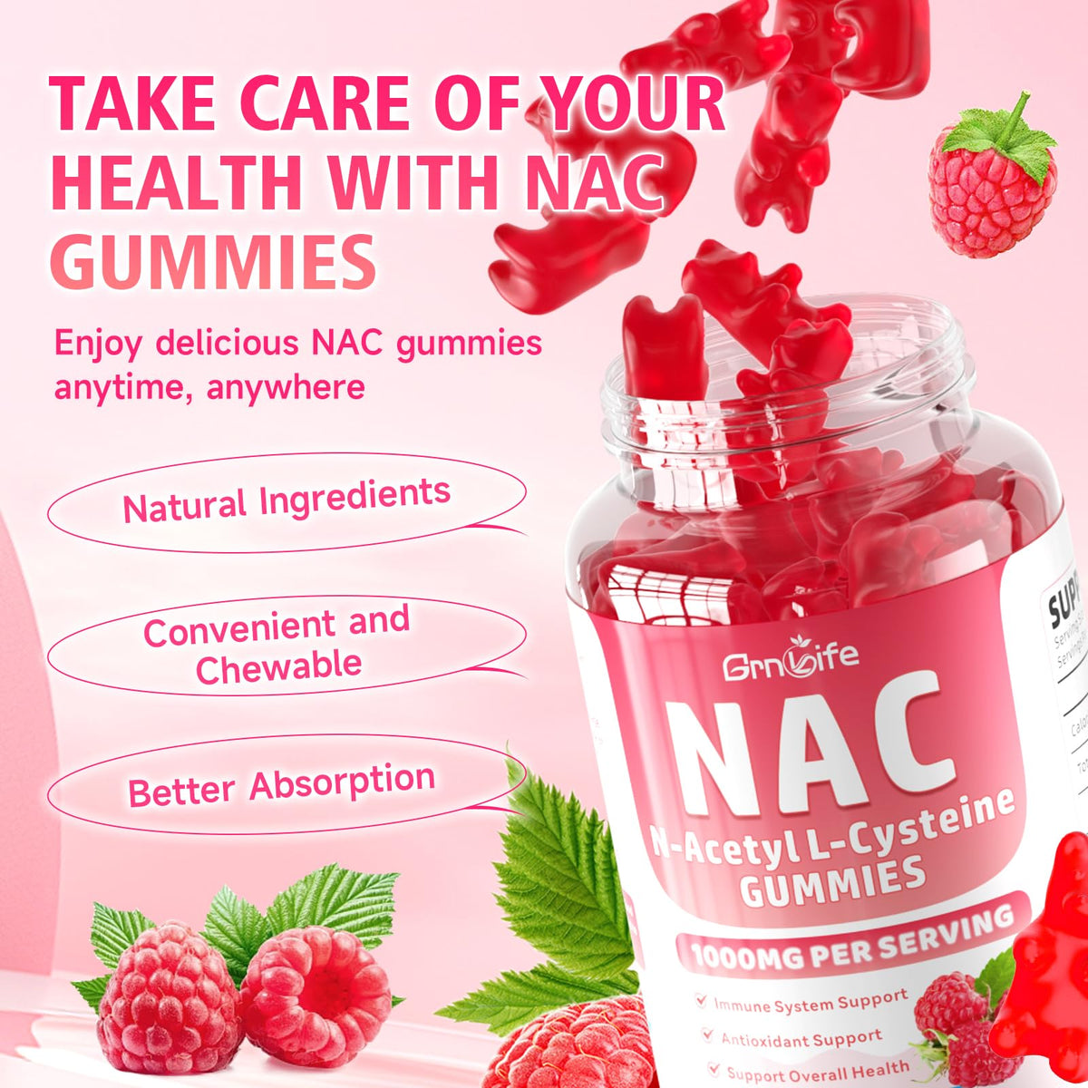 Bouteille GrnLife Gummies NAC ouverte montrant les gummies