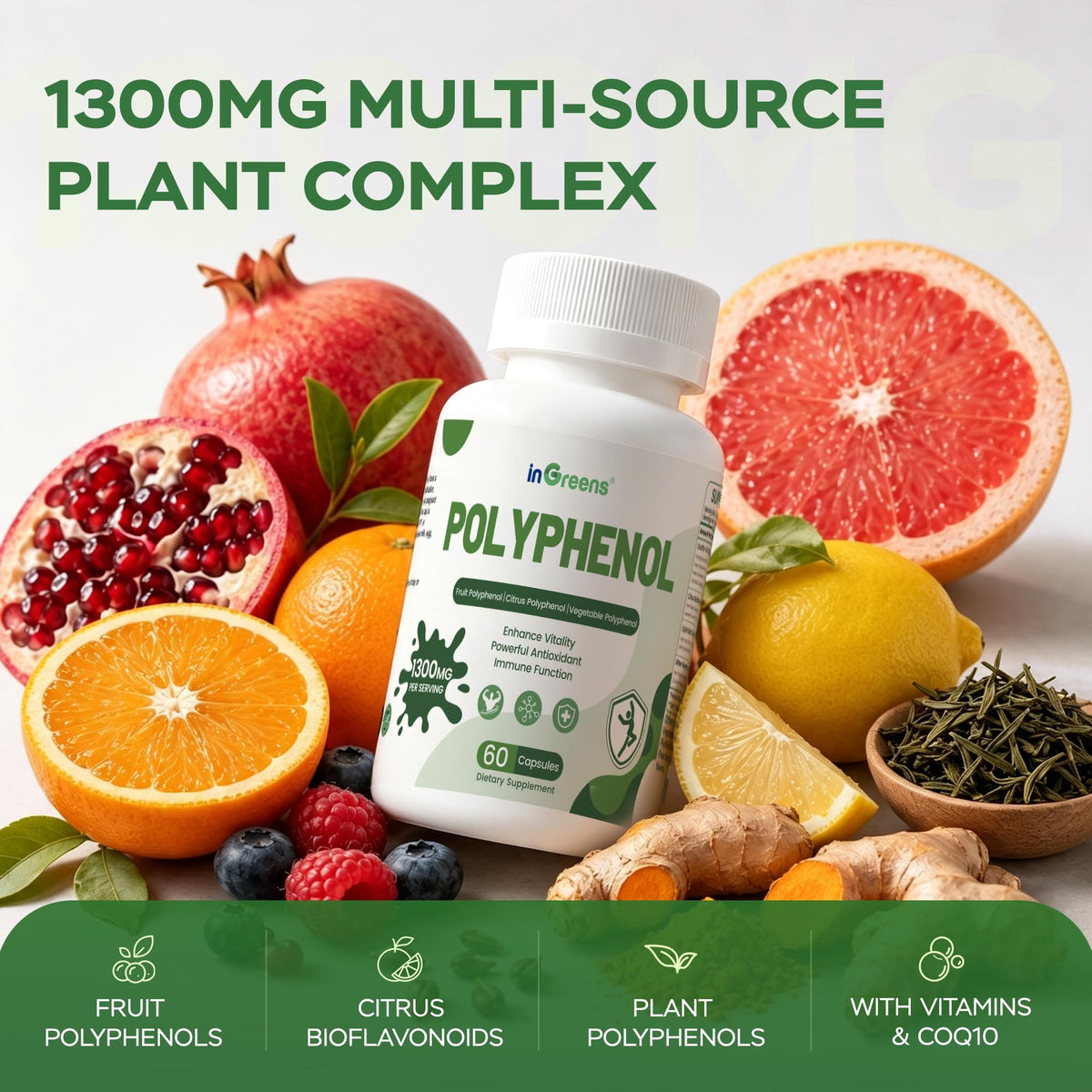 Bouteille inGreens 25-en-1 polyphénols sur une table en bois