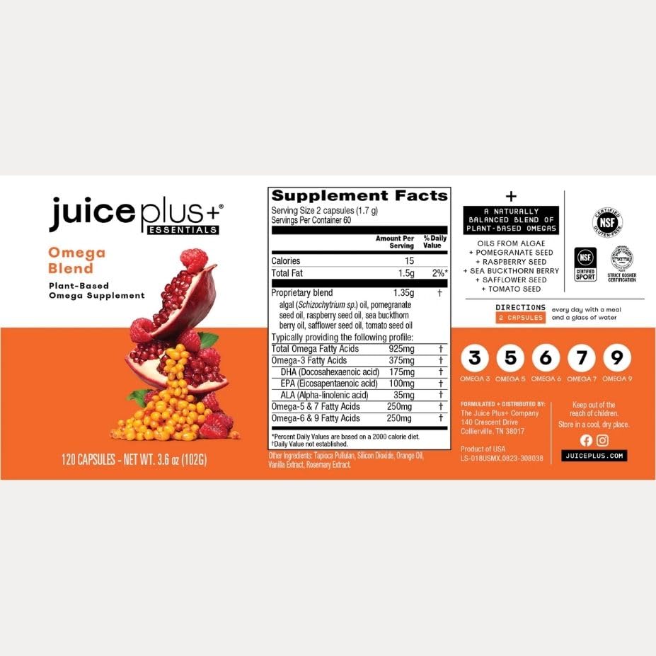 Bouteille Juice Plus+ Omega Blend sur un fond naturel