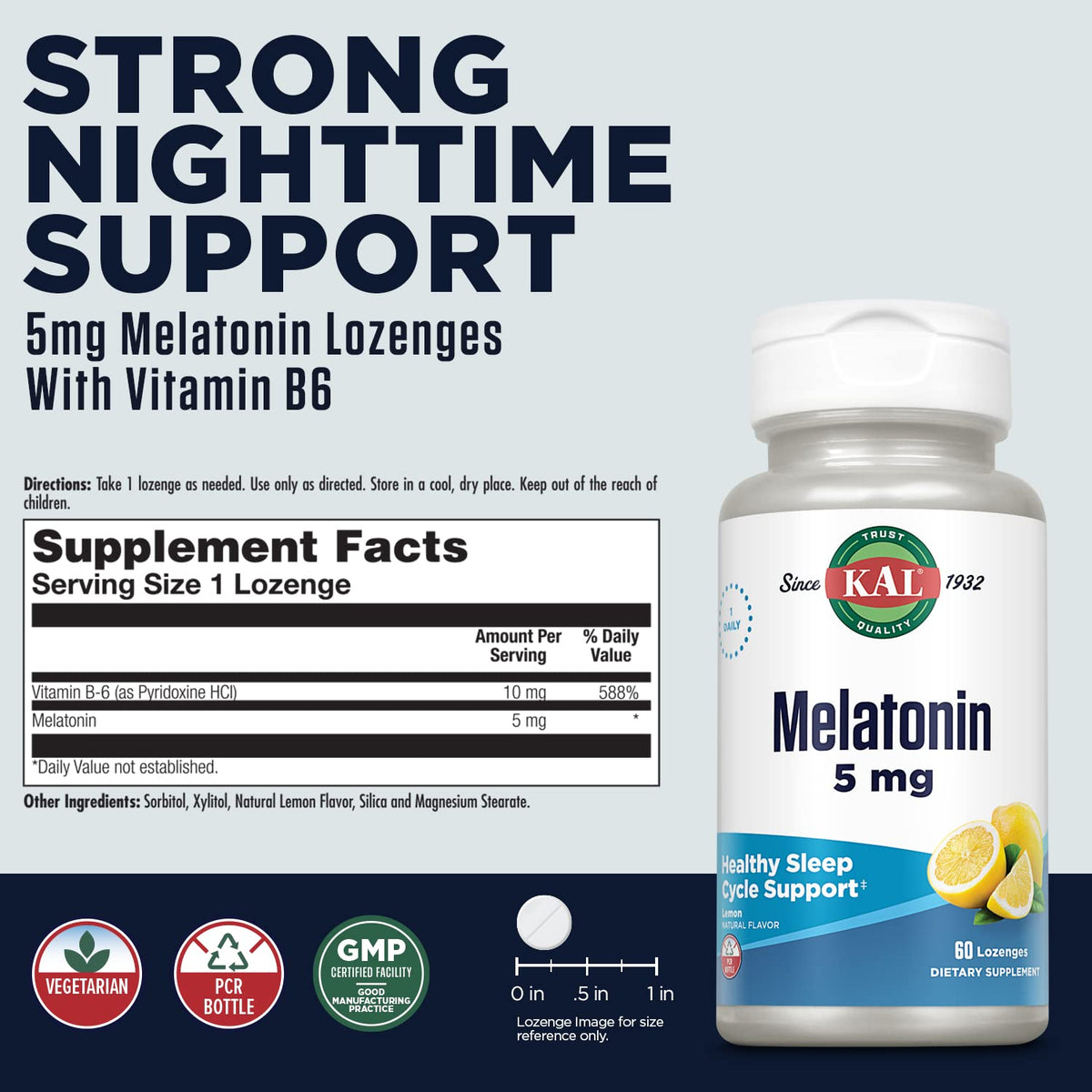 Bouteille KAL Mélatonine 5 mg 60 Lozenges avec étiquette