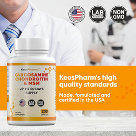 Bouteille KeosPharma MSM Glucosamine Chondroïtine avec capsules à l'intérieur