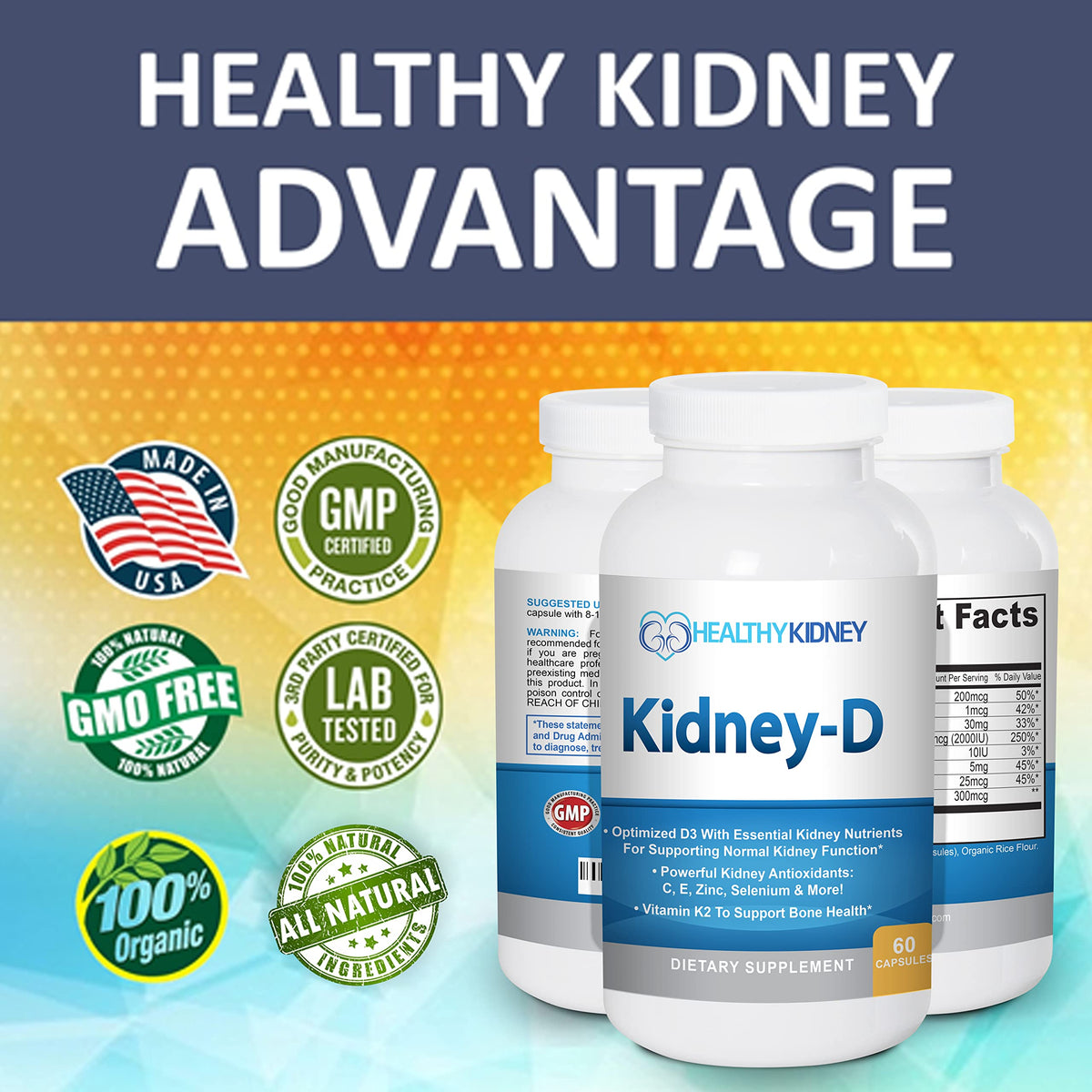 Bouteille Kidney-D avec des ingrédients naturels en arrière-plan