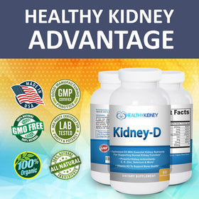 Bouteille Kidney-D avec des ingrédients naturels en arrière-plan