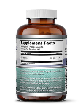 Bouteille L-Théanine Amazing Nutrition ouverte montrant les capsules