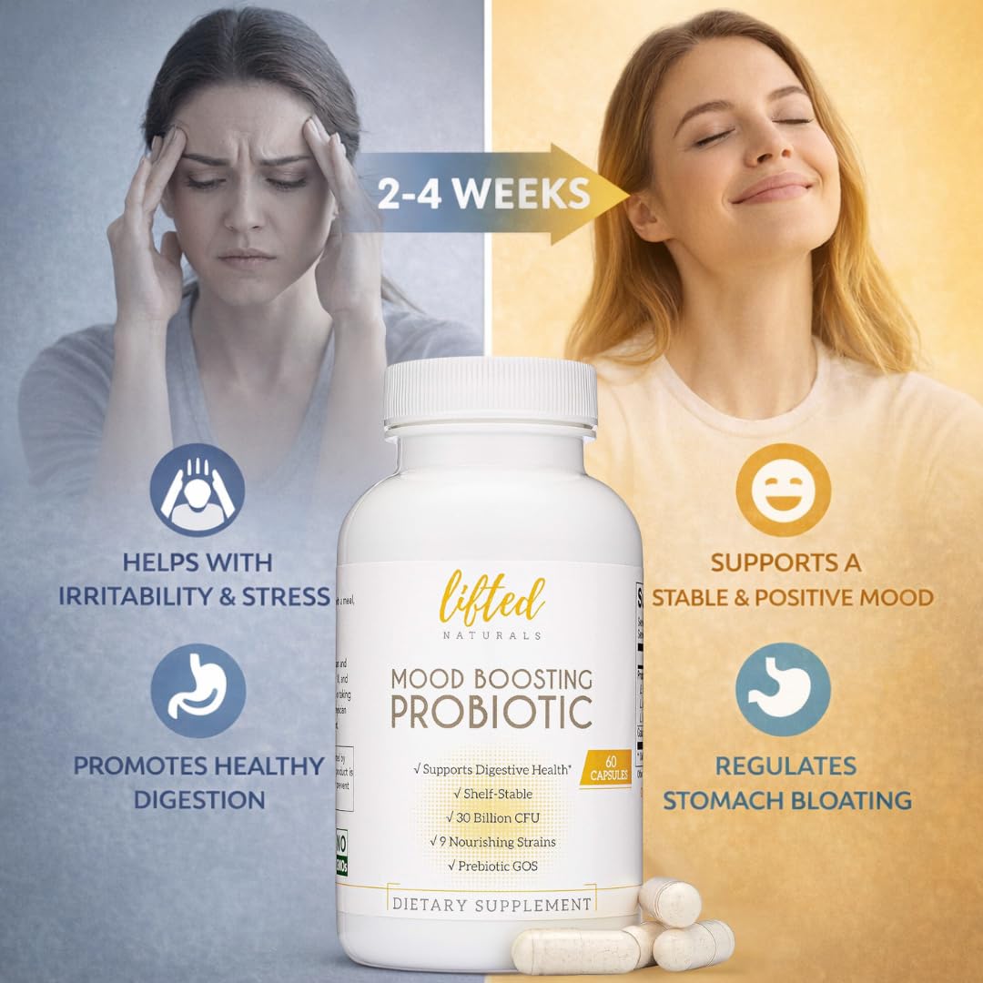 Bouteille Lifted Naturals Probiotique avec étiquette et capsules