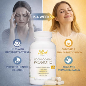 Bouteille Lifted Naturals Probiotique avec étiquette et capsules