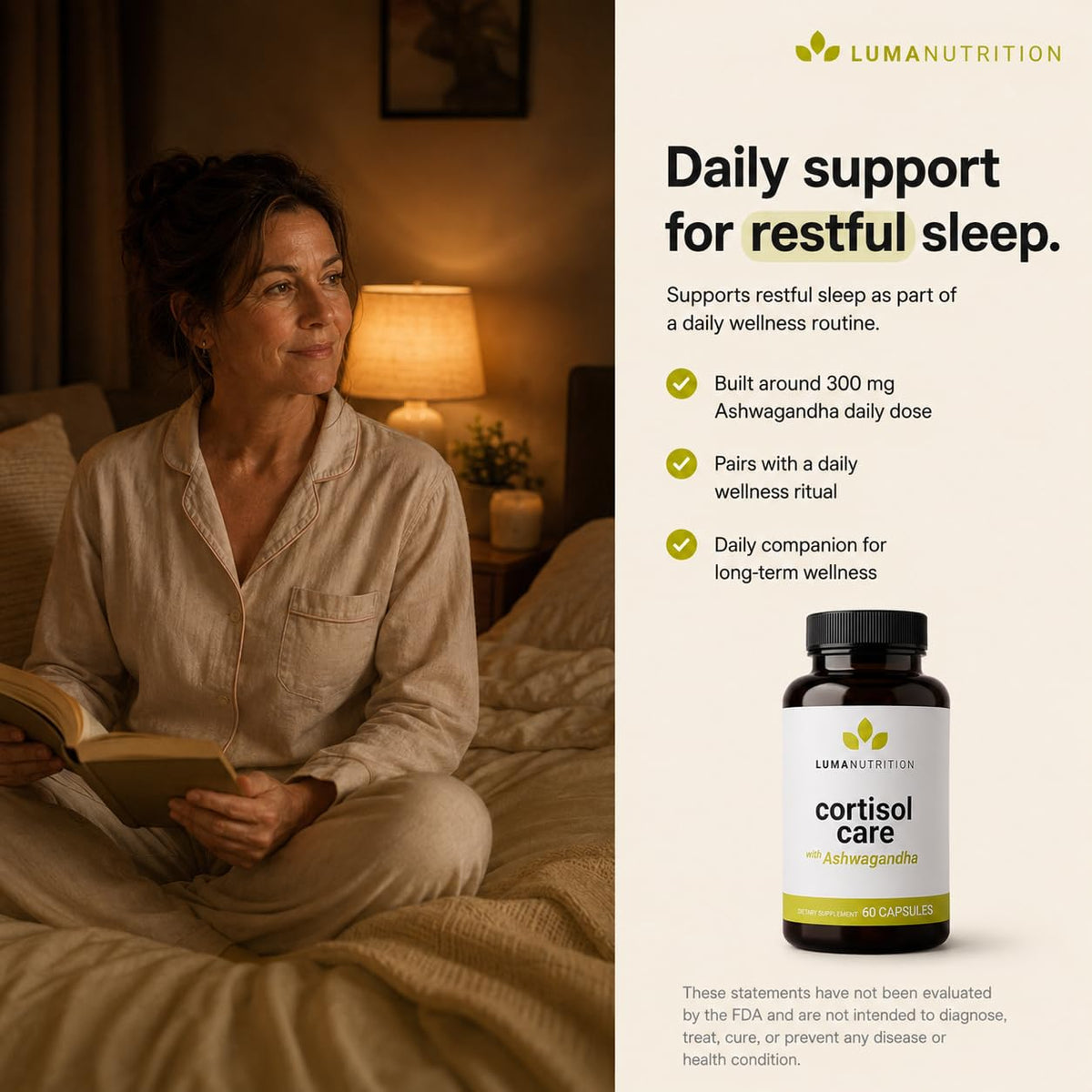 Bouteille Luma Nutrition Complément Cortisol avec verre d'eau