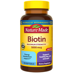 Bouteille Nature Made Biotine 5000 mcg 120 gélules souples vue de face