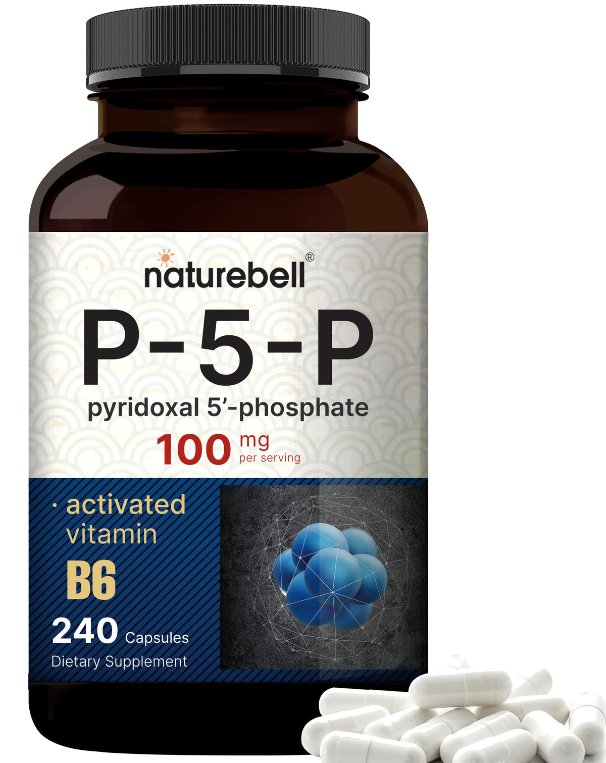 Bouteille NatureBell P5P Vitamine B6 100mg 240 capsules vue de face