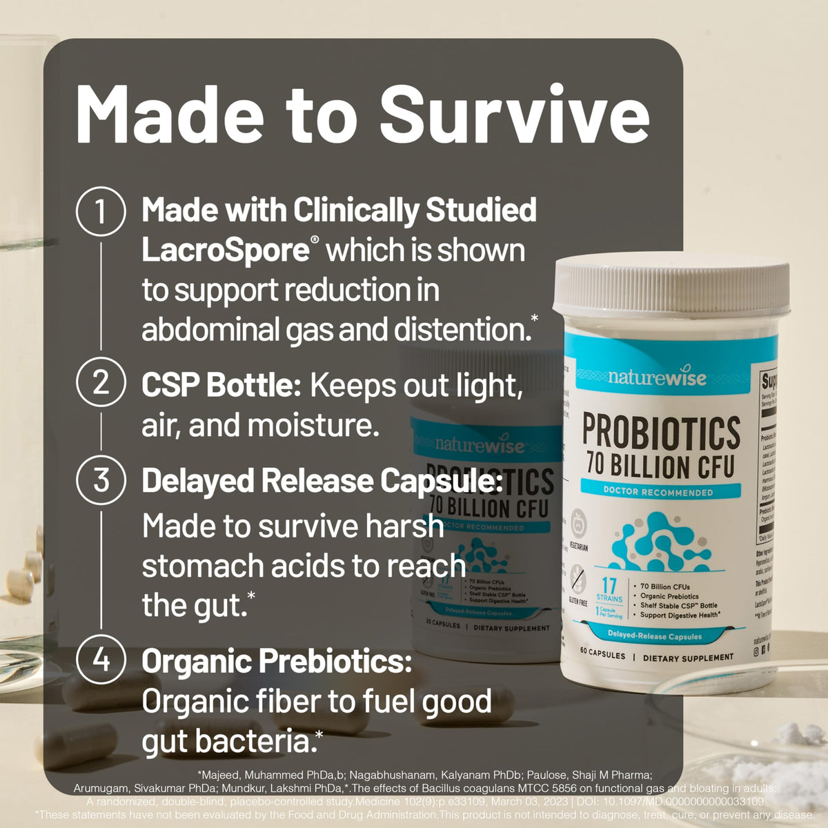 Bouteille NatureWise Probiotiques avec étiquette visible