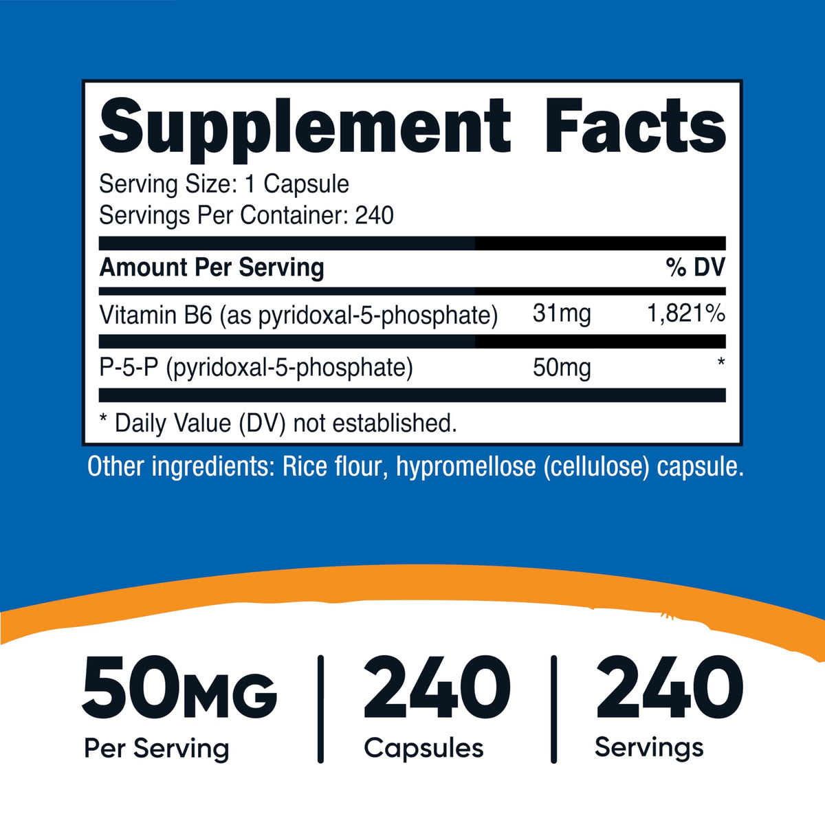 Bouteille Nutricost P5P 50mg avec étiquette détaillant les ingrédients