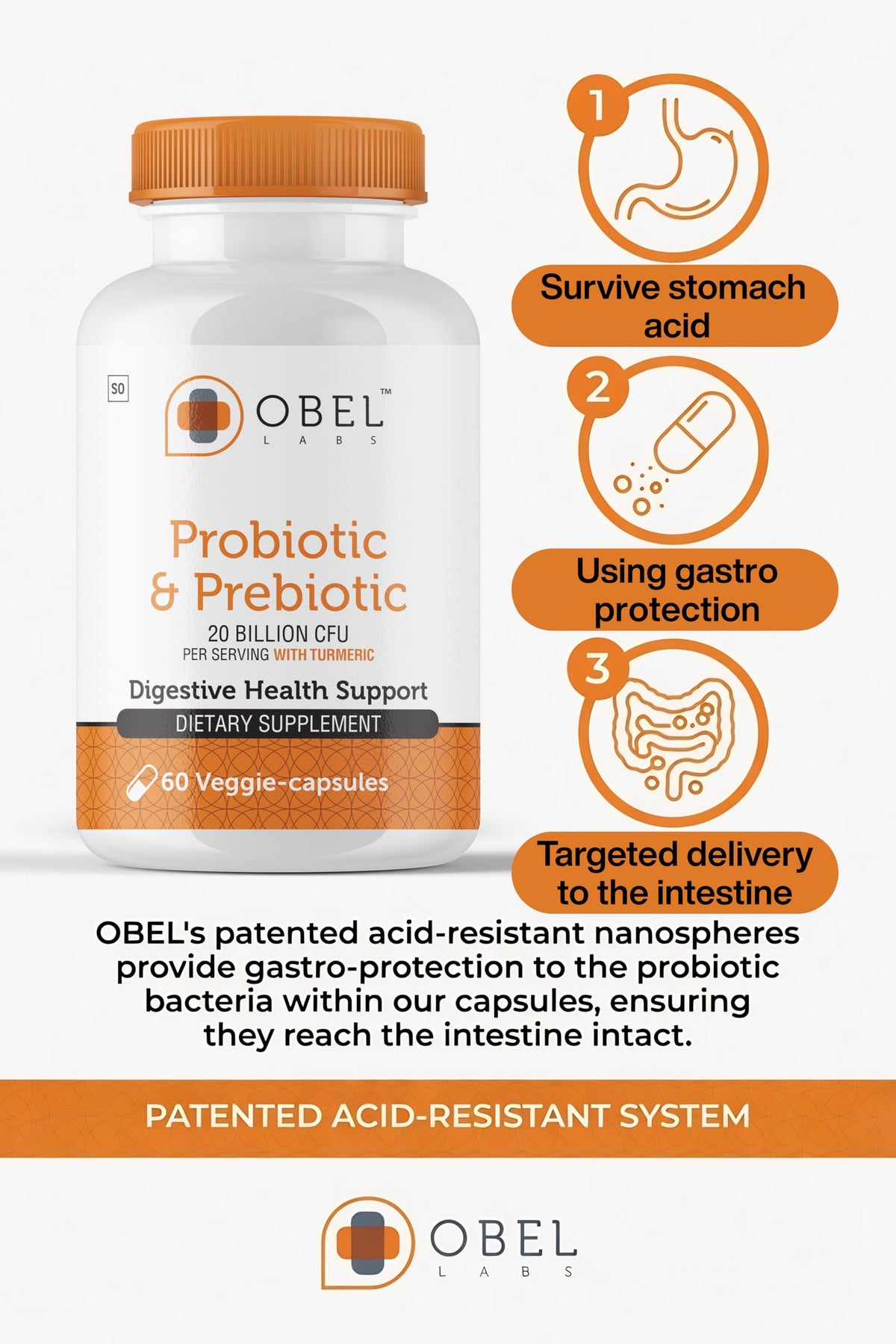 Bouteille obel de complément probiotique sur une surface en bois