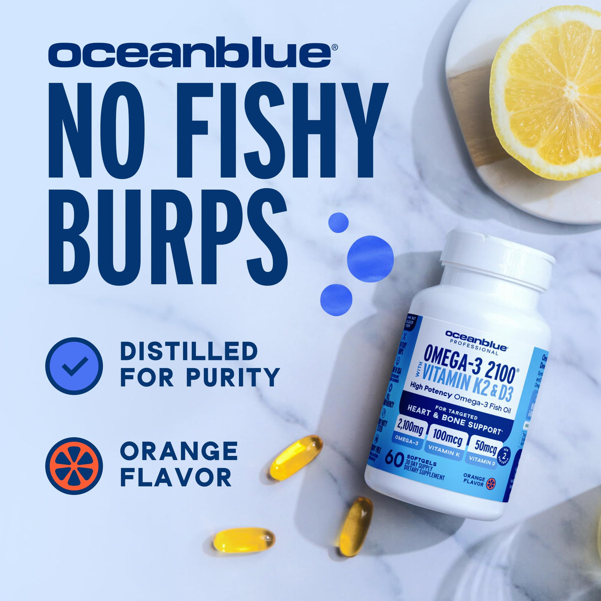 Bouteille Oceanblue Omega-3 2100 avec vue latérale