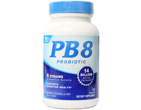 Bouteille PB8 Probiotic montrant le contenu de 120 capsules