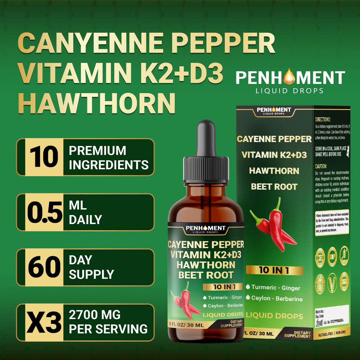 Bouteille Penhoment Piment de Cayenne avec des ingrédients naturels en arrière-plan
