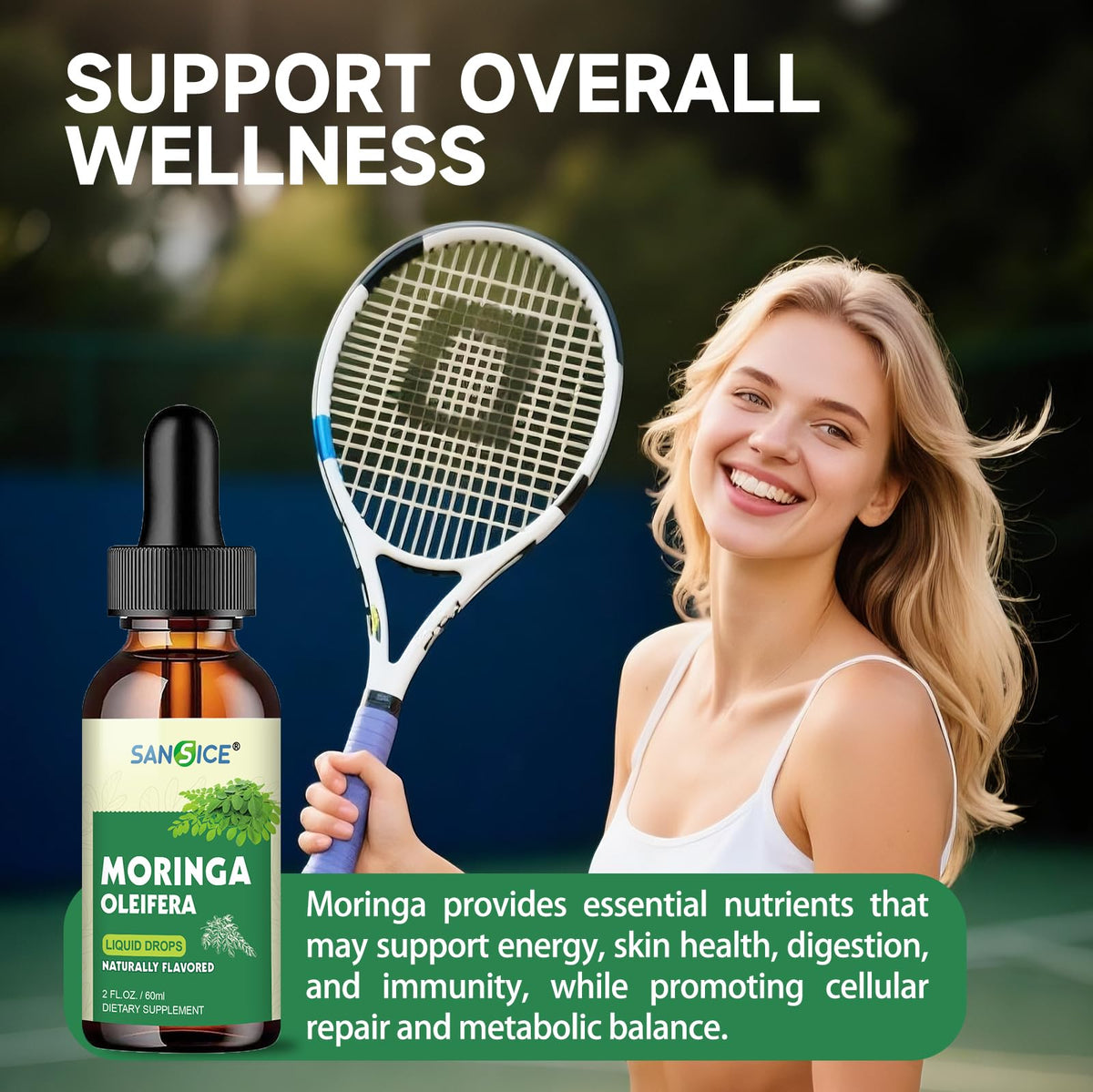 Bouteille SANSICE de moringa bio sur une surface en bois