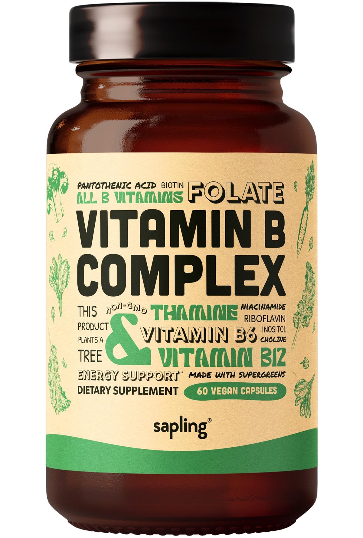 Bouteille sapling de 60 capsules de vitamine B Complex avec super greens