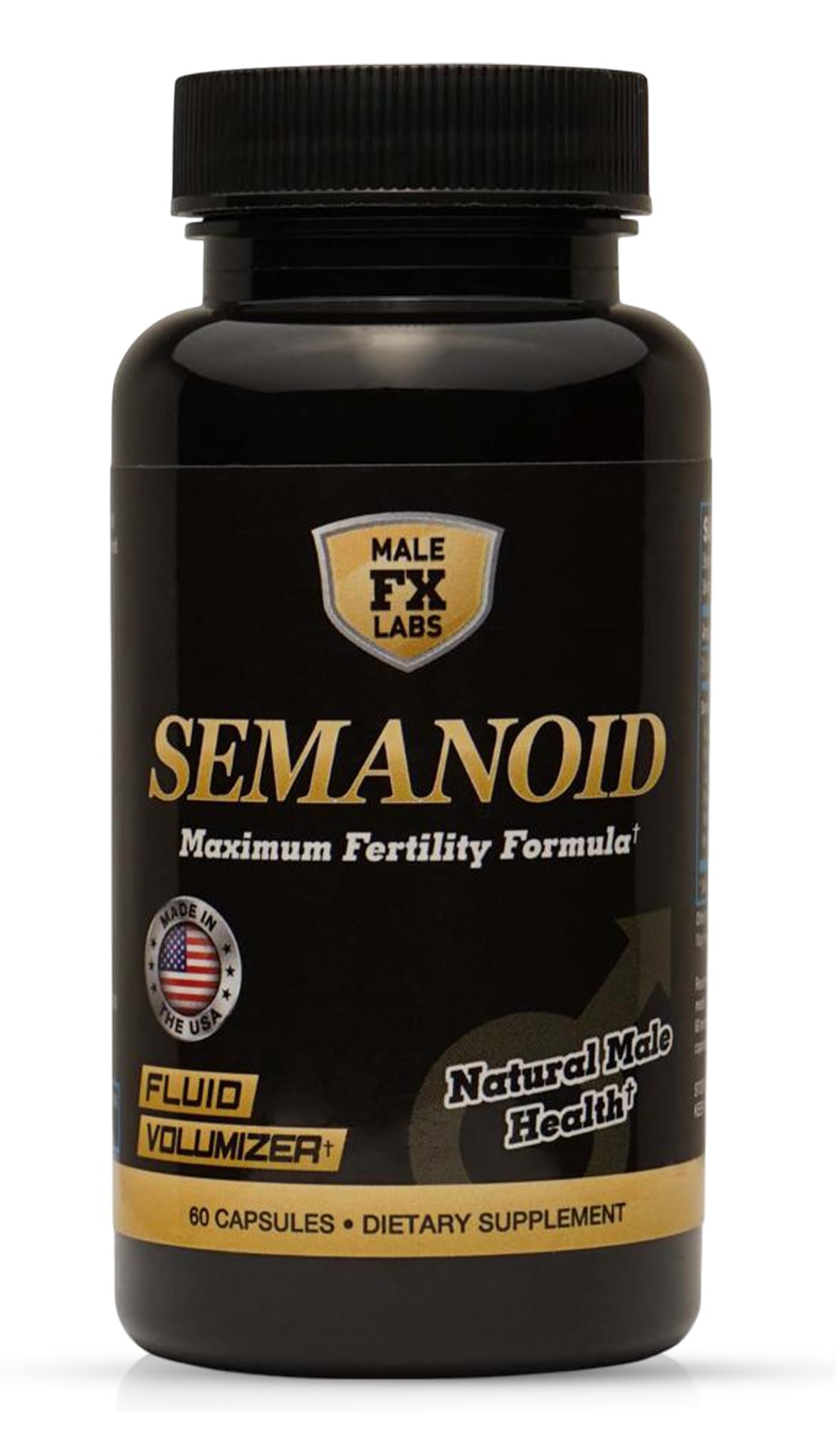 Bouteille Semanoid™ de Male FX Labs vue de face avec 60 capsules