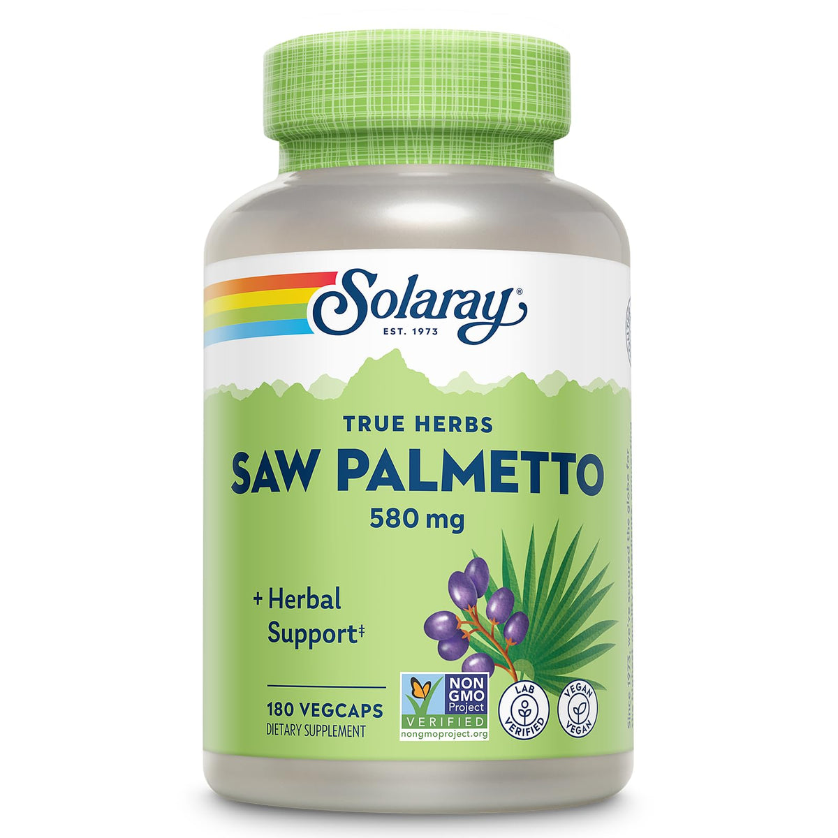 Bouteille SOLARAY Baies de Palmier Nain 580 mg 180 VegCaps vue de face