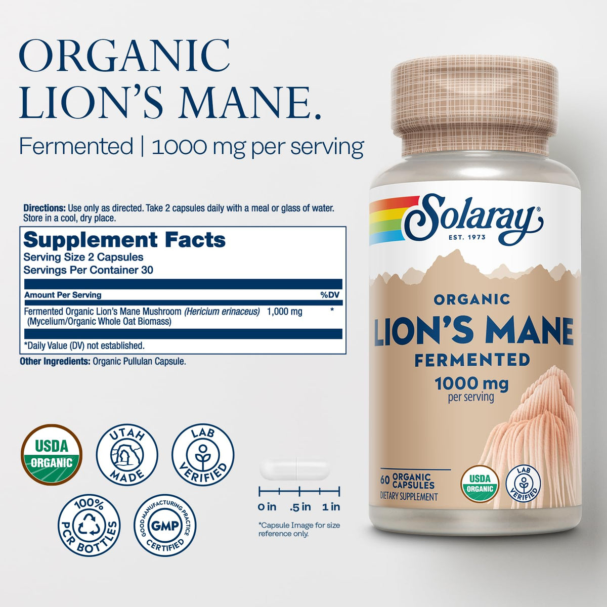 Bouteille SOLARAY Champignon Lion's Mane Bio avec étiquette