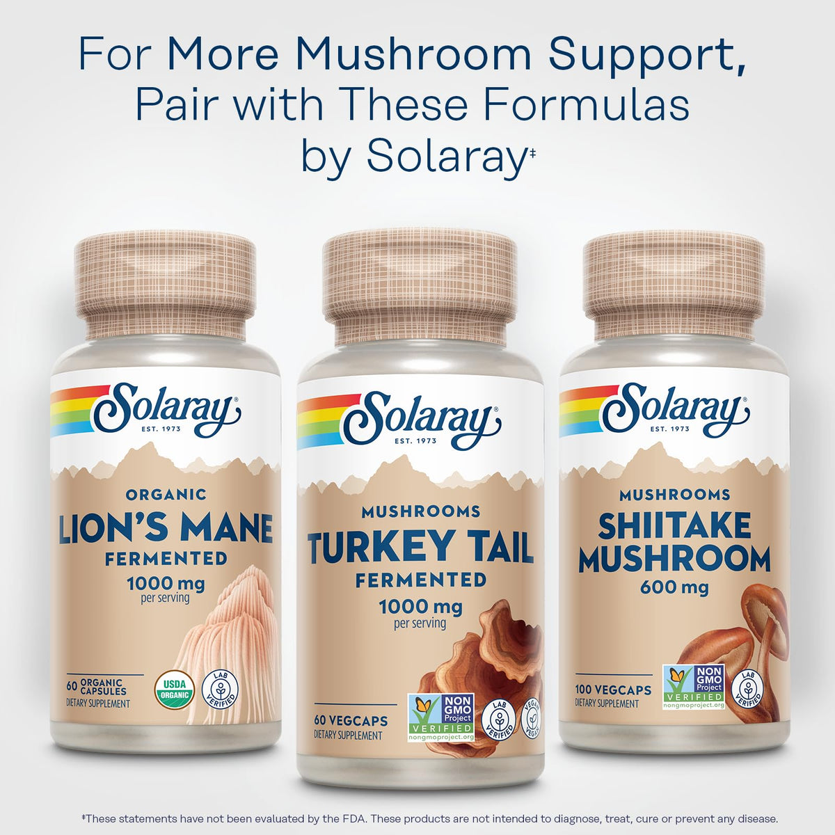 Bouteille SOLARAY Champignon Turkey Tail posée sur une surface en bois