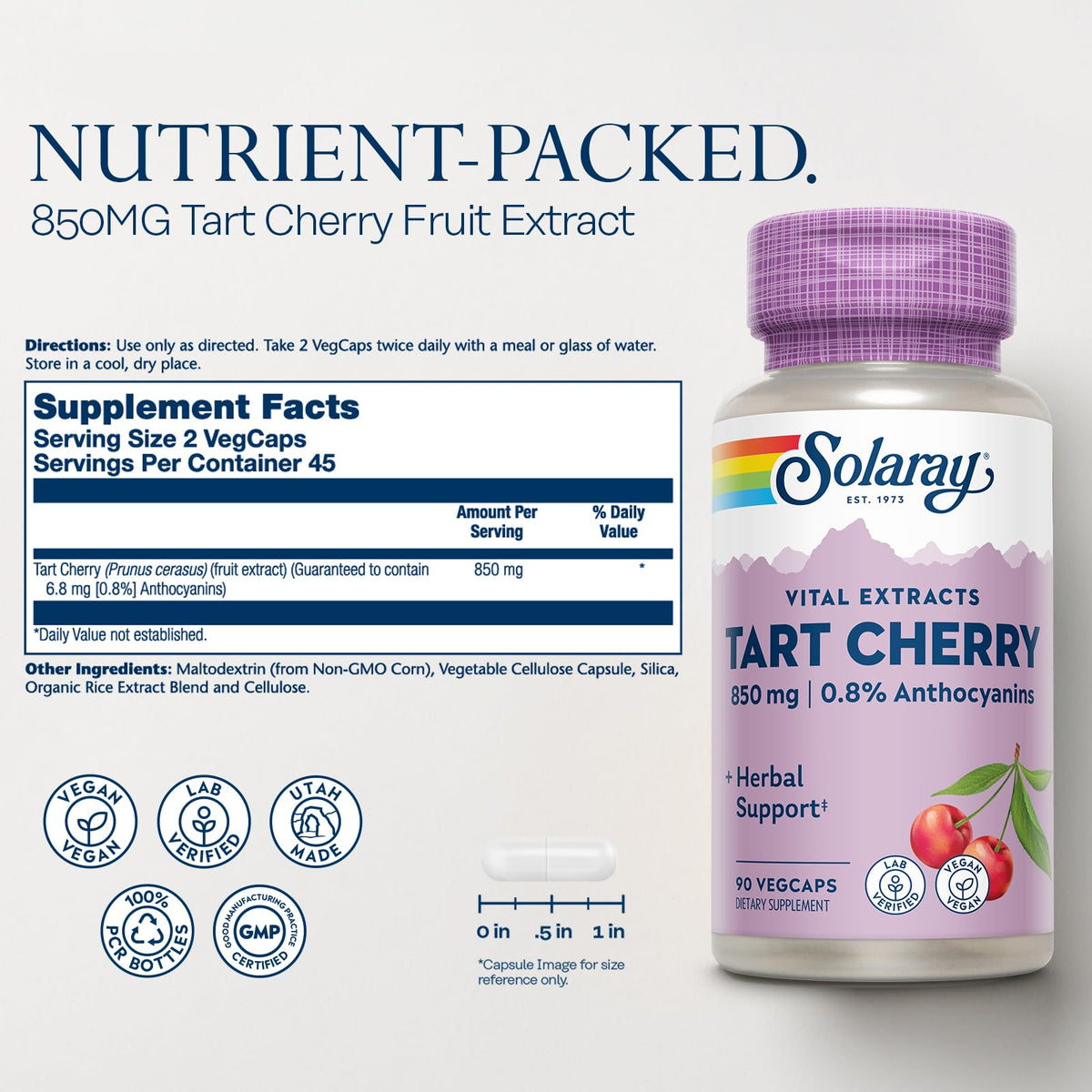 Bouteille SOLARAY Extrait de Cerise Acide 850 mg, étiquette et contenu