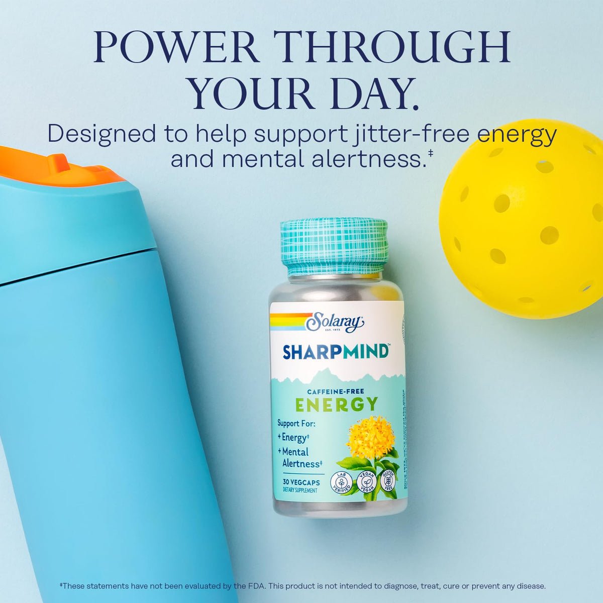 Bouteille SOLARAY SharpMind Energy montrant les ingrédients principaux