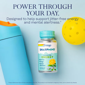 Bouteille SOLARAY SharpMind Energy montrant les ingrédients principaux