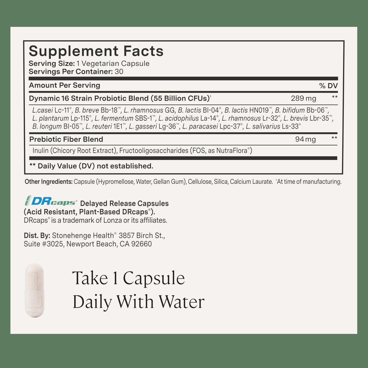 Bouteille Stonehenge Health Dynamic Biotics ouverte avec capsules
