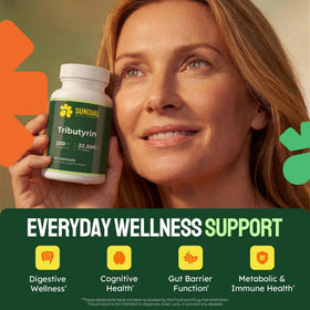 Bouteille SUNDIAL SUPPLEMENTS Tributyrin 250 mg ouverte montrant les capsules