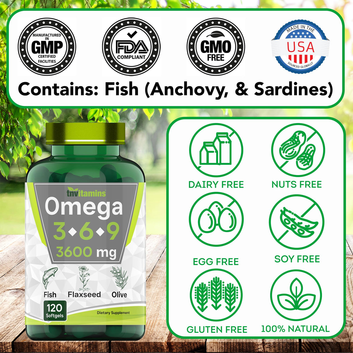 Bouteille tnvitamins Triple Omega 3-6-9 avec étiquette claire