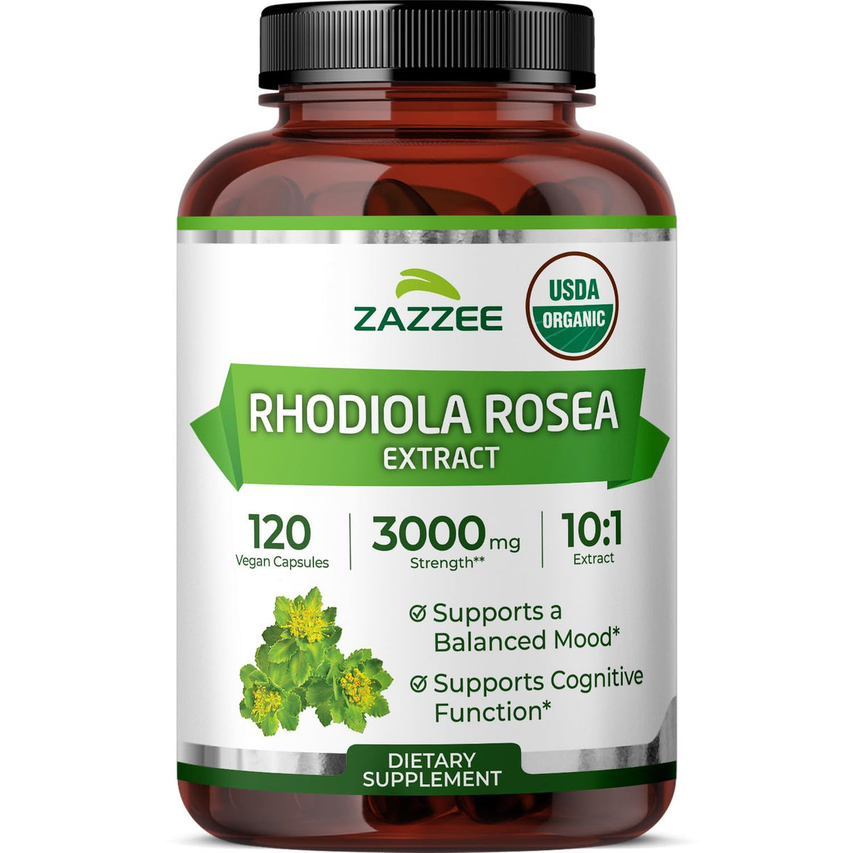 Bouteille Zazzee Extrait de Rhodiola Bio 10:1 120 Capsules vue de face