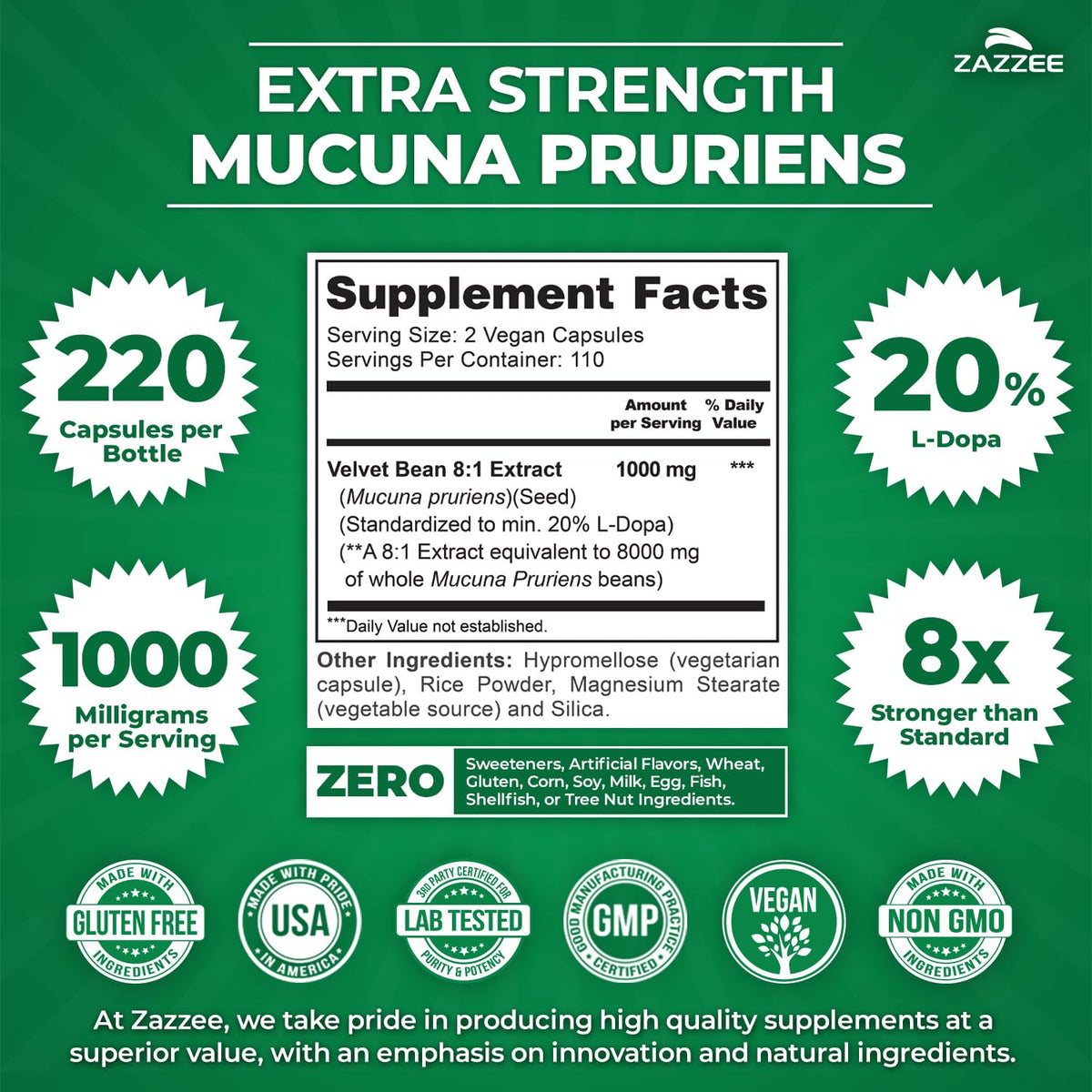 Bouteille Zazzee Mucuna Pruriens avec étiquette et dosage