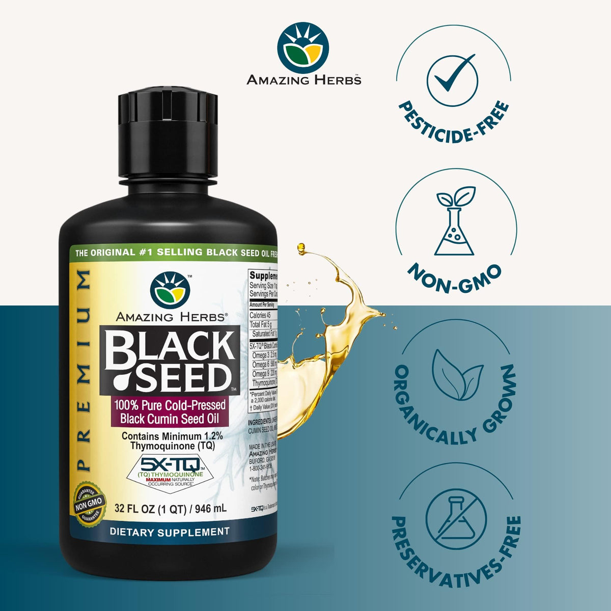 Bouteilles d'huile de graines noires Amazing Herbs sur une surface en bois