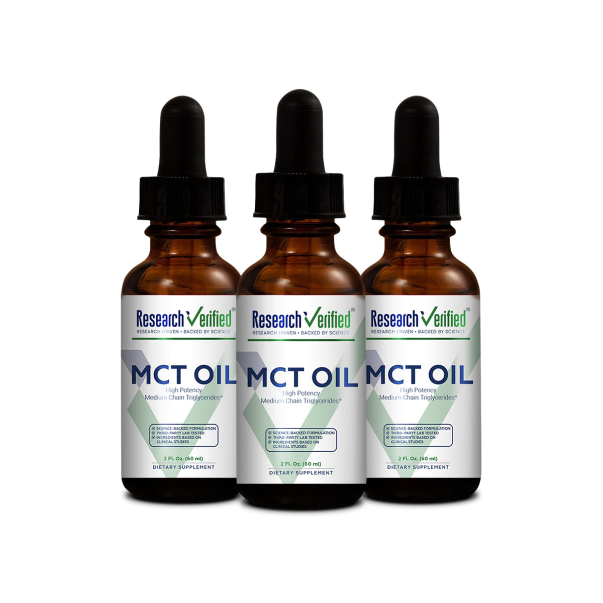 Bouteilles d'huile MCT 2000mg de Research Verified vue de face