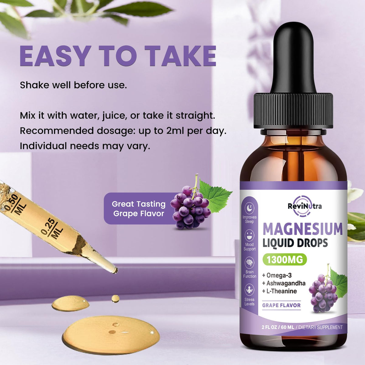 Bouteilles de gouttes de magnésium ReviNutra sur une table en bois