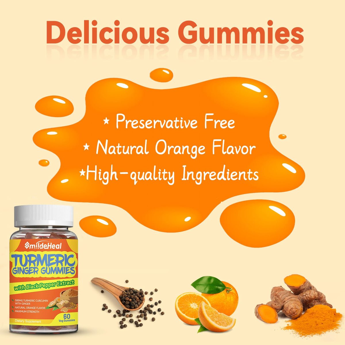 Bouteilles de Gummies de Curcuma SmildeHeal, vue de côté