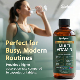 Bouteilles de Multivitamines Liquides Wellgenix alignées sur une surface