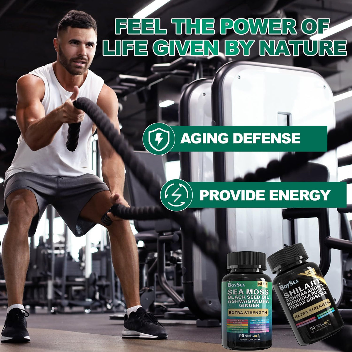 Bouteilles de Shilajit et Mousses Marines Boysea ensemble