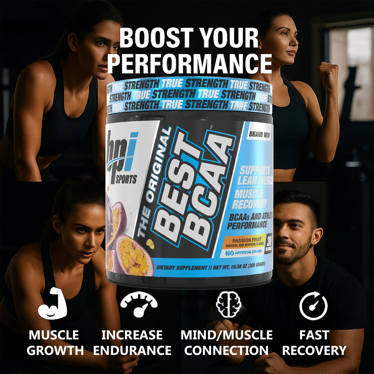 BPI Sports BCAA en Poudre 372g sur table avec fruits