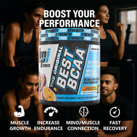 BPI Sports BCAA en Poudre 372g sur table avec fruits