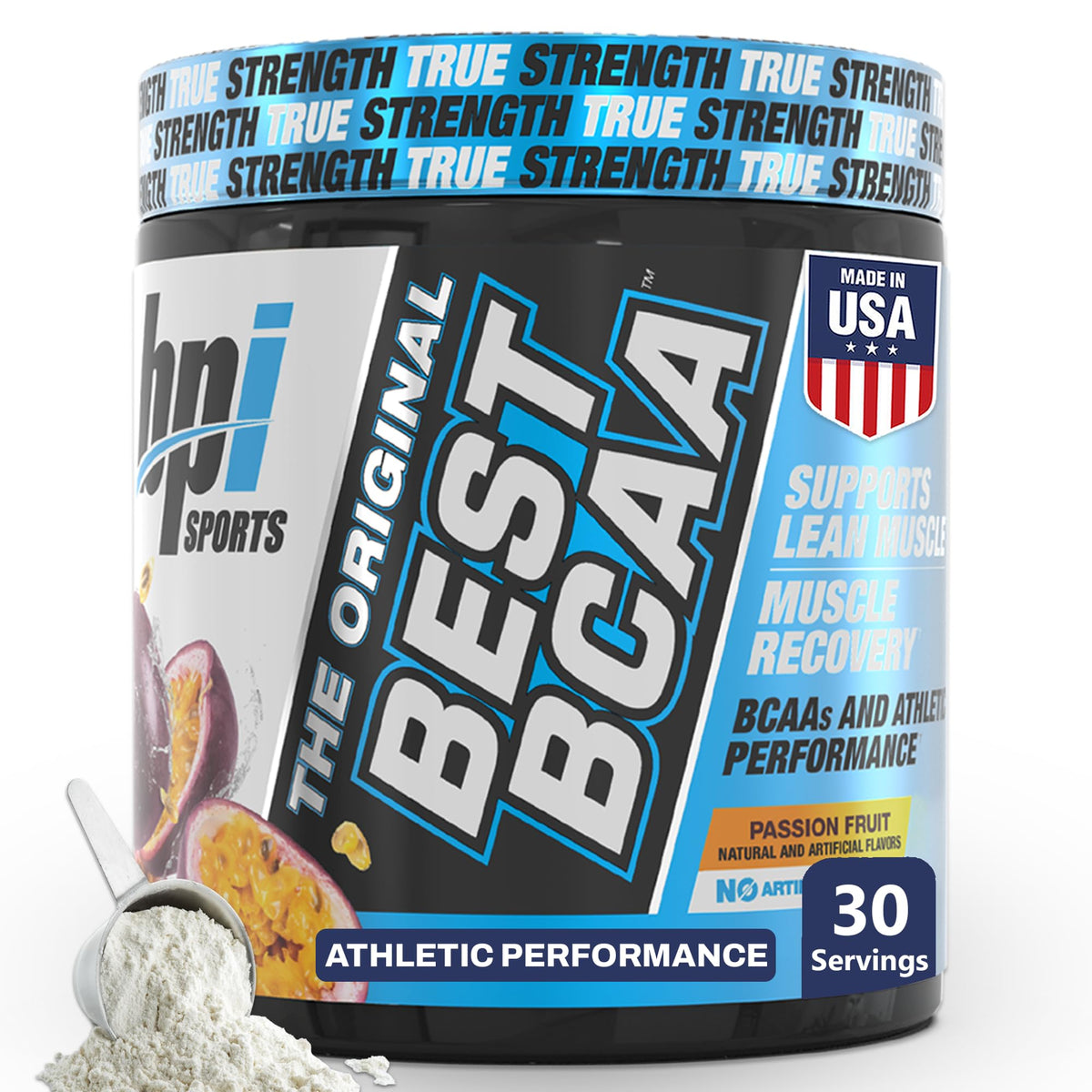BPI Sports BCAA en Poudre 372g vue avant avec étiquette fruit de la passion