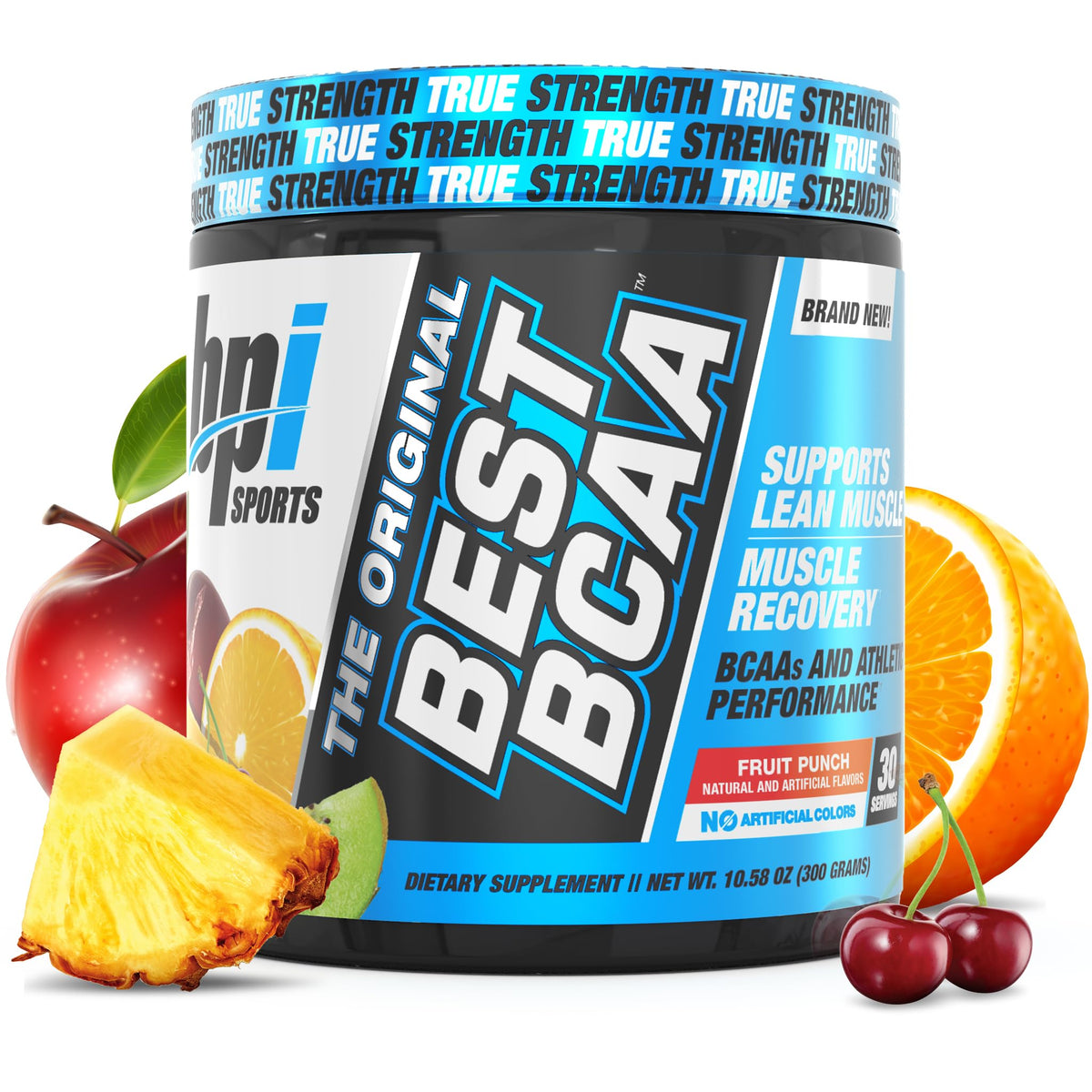 BPI Sports BCAA Poudre Fruit Punch, vue avant du pot