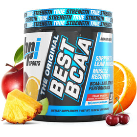 BPI Sports BCAA Poudre Fruit Punch, vue avant du pot